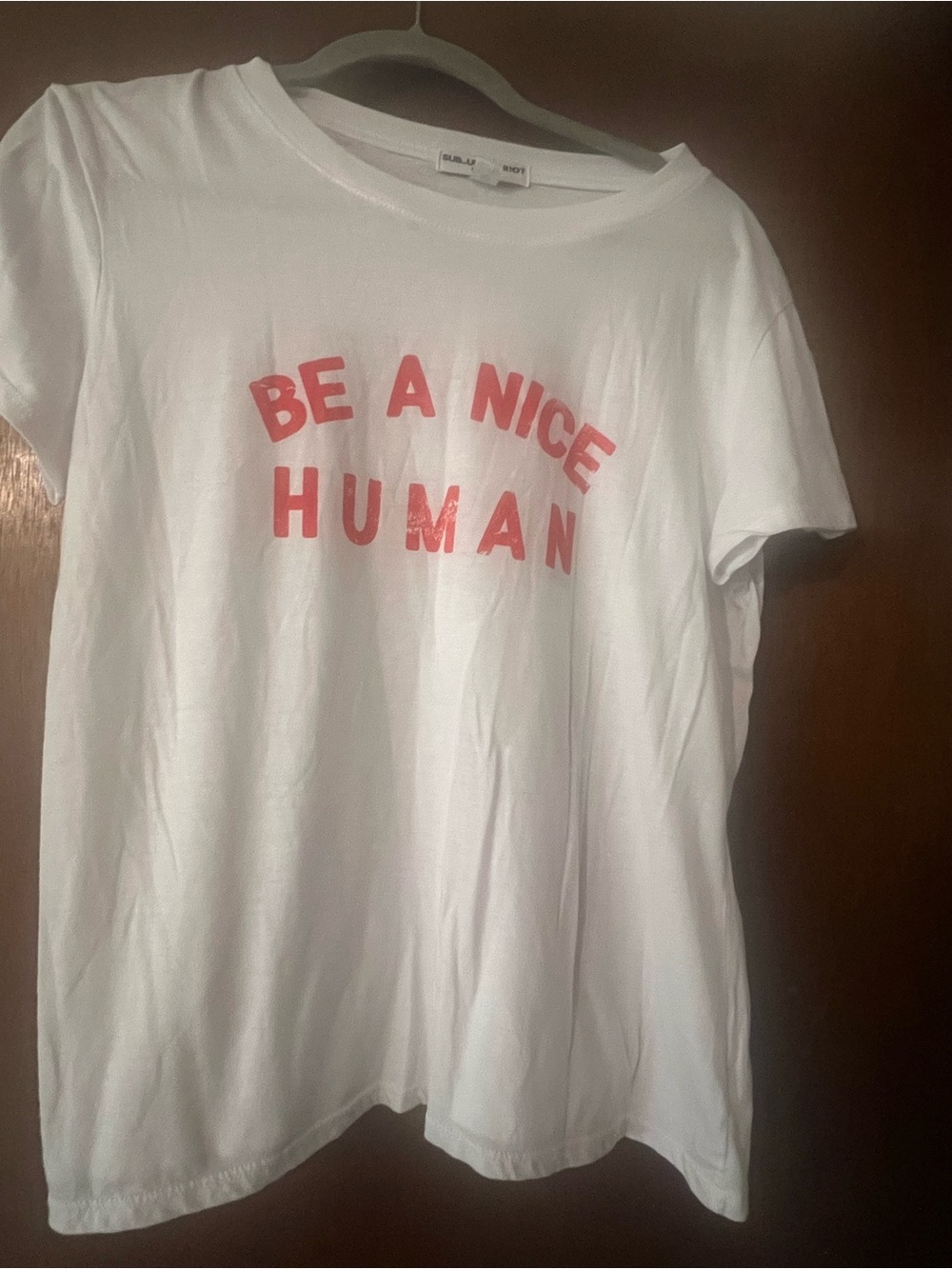 Sub_Urban Riot White Tee with Pink "Be A Nice Human" Arch Graphic